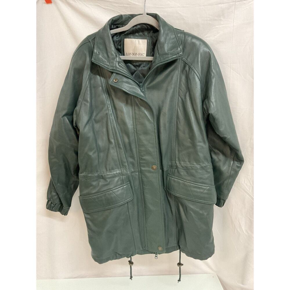 London Fog Womens Vintage Leather Coat Medium Green Jacket Pockets Lined Leather